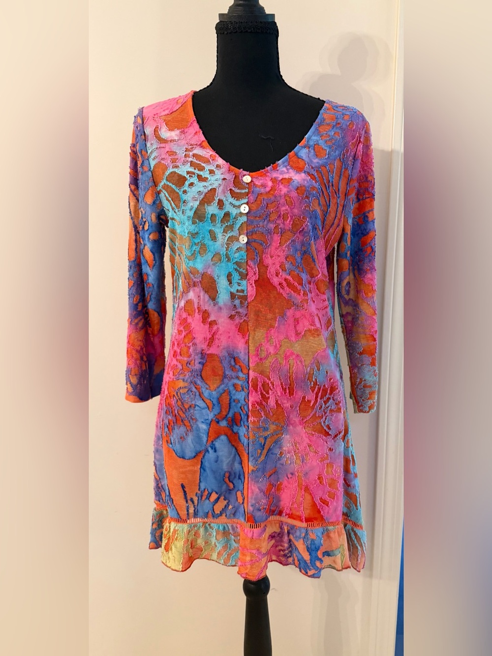 Kamana Vibrant Burn Out Multicolor Women's Tunic Top - Pink, Blue & Orange S